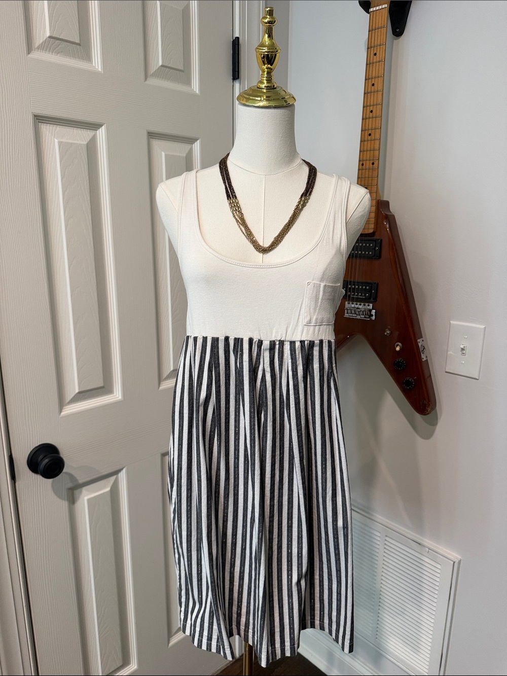 glam Cream and Black Striped Mini Dress